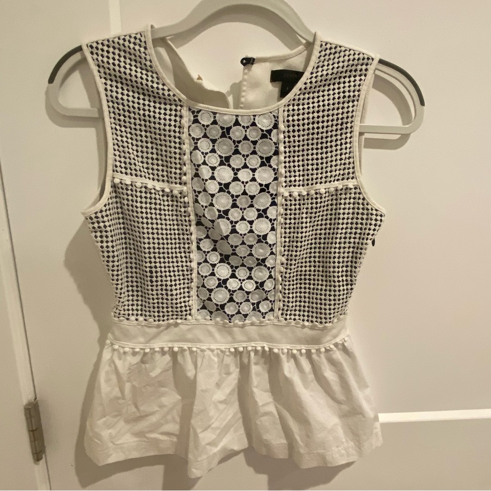J Crew sleveless eyelet detail white peplum top